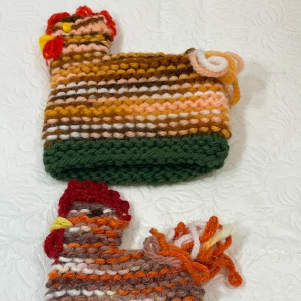 Two (2) Crocheted/Knitted Chicken/Hen Egg Cozies Covers Holder Decor 3